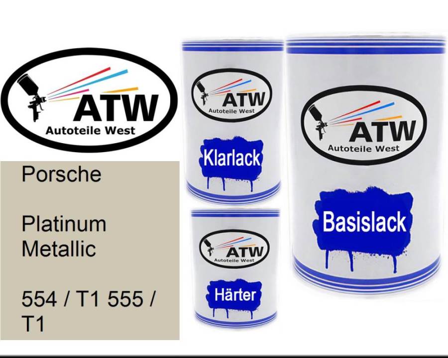 Porsche, Platinum Metallic, 554 / T1 555 / T1: 500ml Lackdose + 500ml Klarlack + 250ml Härter - Set, von ATW Autoteile West.